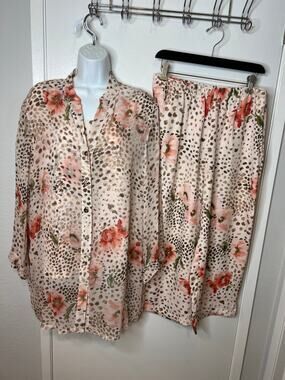 What If....? Women's 100% Silk 3-pc Tank/Blouse/Crop Pants Set Floral~ Size L/XL
